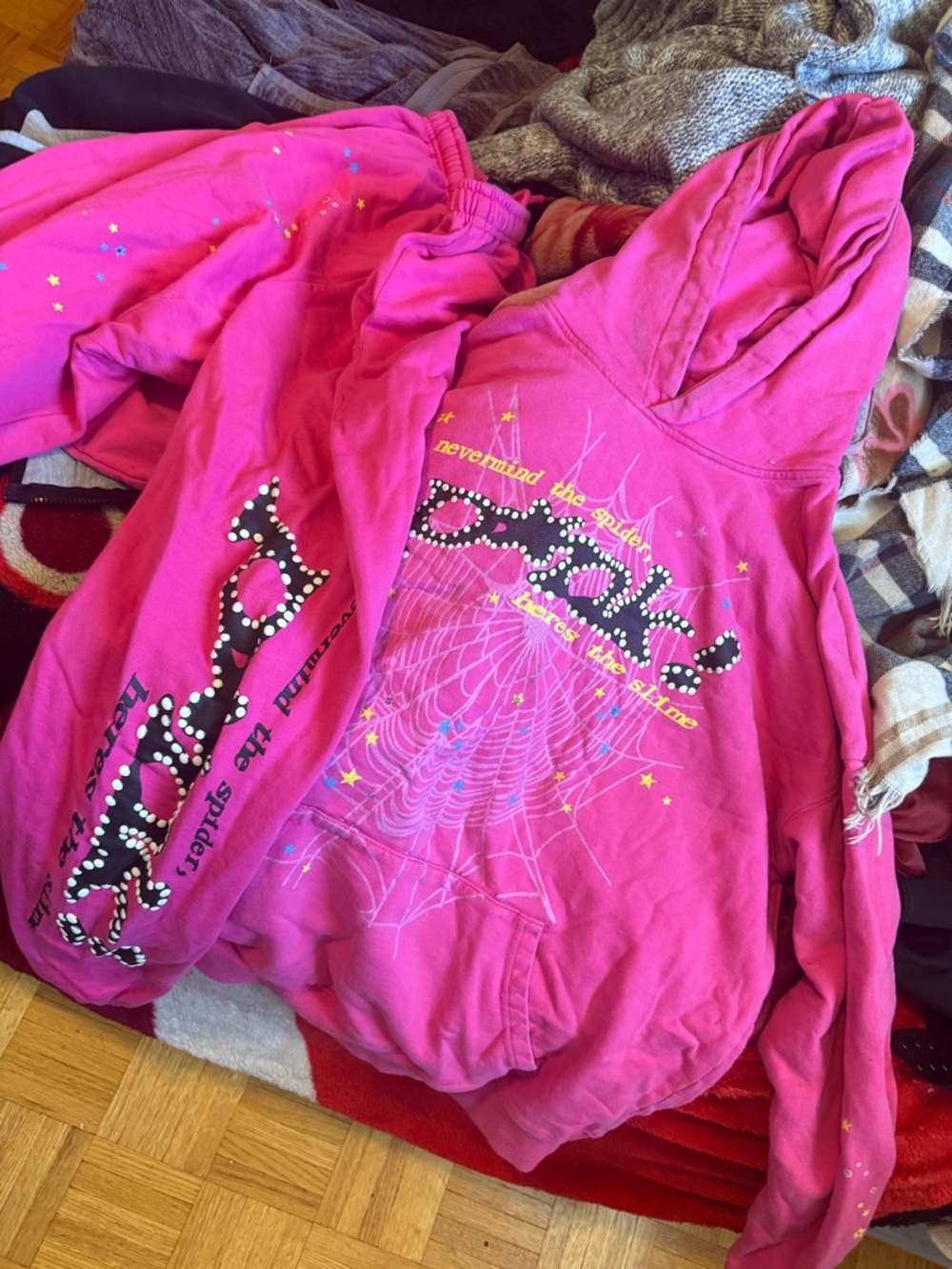 Pink Hooded Sweatshirt with Spider Web Graphic